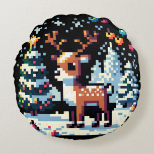 Pixel Art Reindeer under julen i Snö Rund Kudde