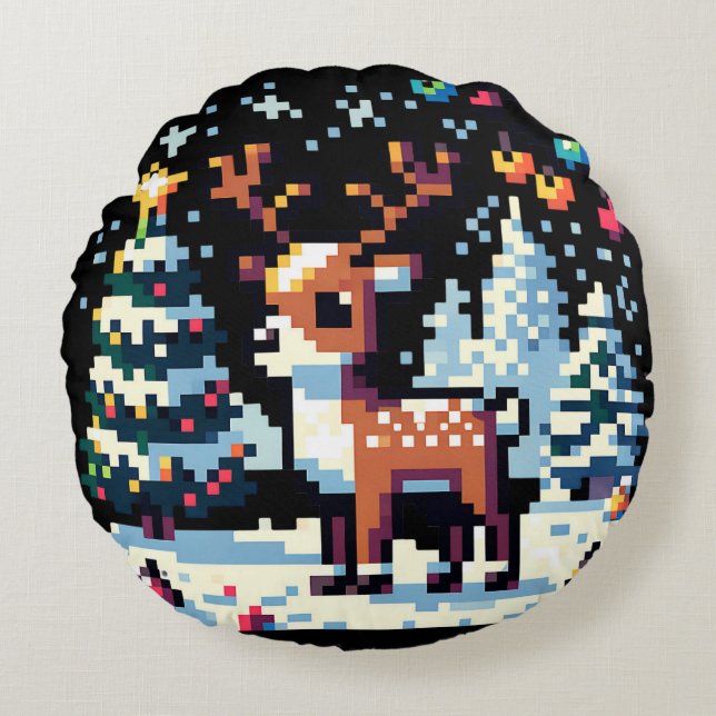 Pixel Art Reindeer under julen i Snö Rund Kudde (Framsidan)