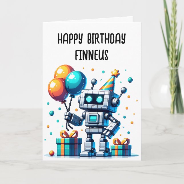 Pixel Art Robot Coloring Page Boy's Birthday Kort (Framsida)