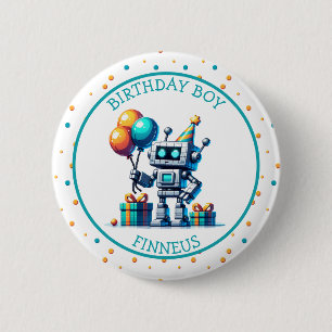 Pixel Art Robot i Orange och Teal Birthday Boy Knapp