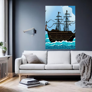 Pixel art, segelbåt på underbara havet   AI Art Poster