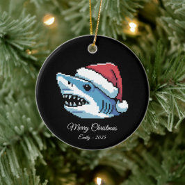 Pixel Art Shark Santa Hat Julgransprydnad Keramik