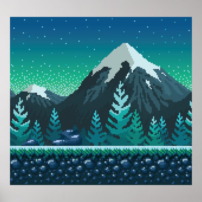 Pixel Art: Snowy Mountains Night. Poster (Framsidan)