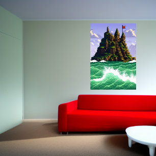 Pixel art, Sten, Castle, weave on sea   AI Art Poster