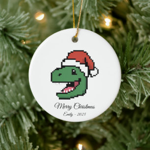 Pixel Art T-Rex Dinosaur Santa Hatt Julpresent Julgransprydnad Keramik