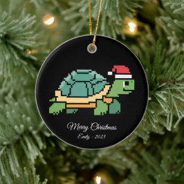 Pixel Art Turtle Tortoise Santa Hat Julgransprydnad Keramik