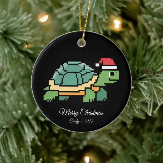 Pixel Art Turtle Tortoise Santa Hat Julgransprydnad Keramik (Träd)