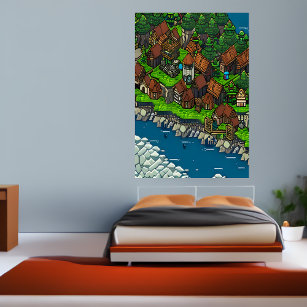 Pixel art, Viking City Forest River   AI Art Poster
