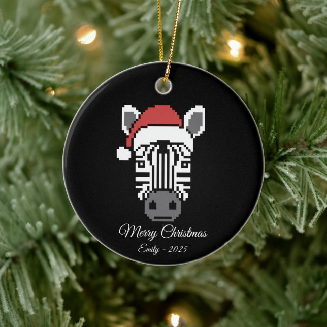 Pixel Art Zebra Santa Hatt Svart Bakgrund Present Julgransprydnad Keramik (Träd)
