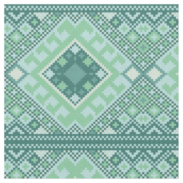 Pixel Aztec Teal Mönster Tyg (Närbild)