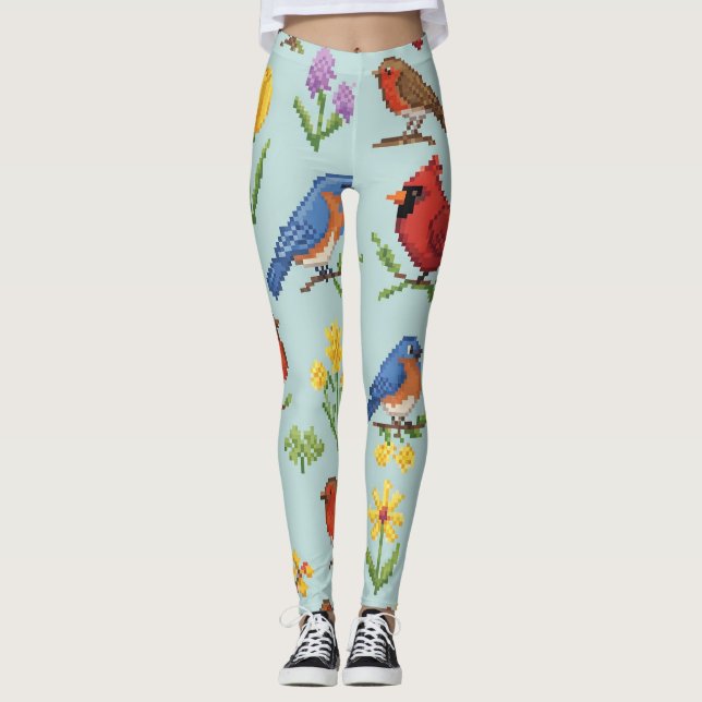 Pixel Birds and Flowers Leggings (Framsida)