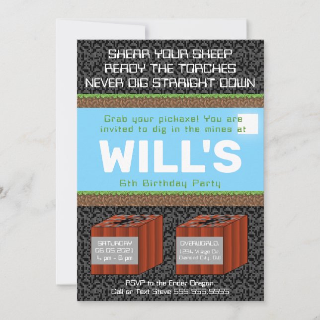 Pixel Block Gaming Birthday Invitation Inbjudningar (Framsida)