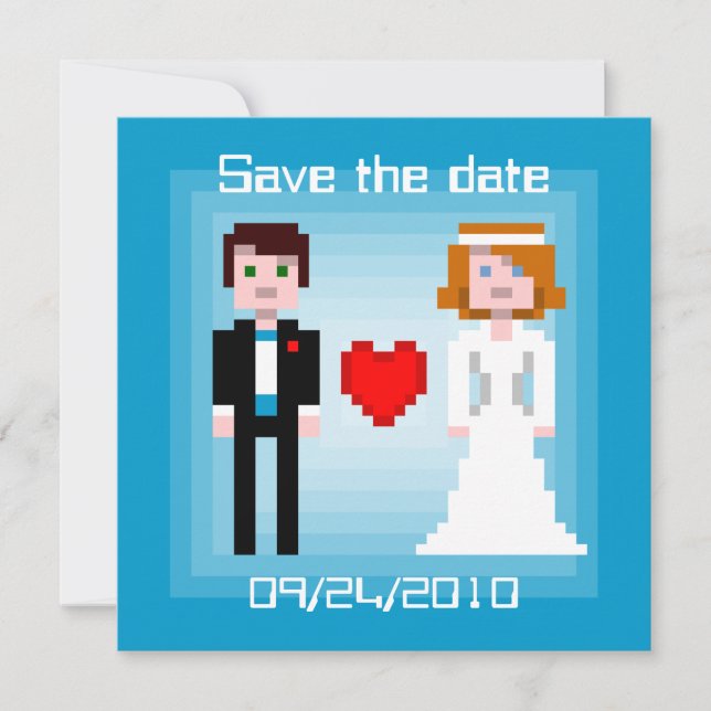 Pixel Bride and Groom - Save Date - Blue Spara Datumet (Framsida)