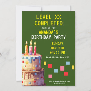 Pixel Cake Gamer Birthday med Grönt och Gult Inbjudningar
