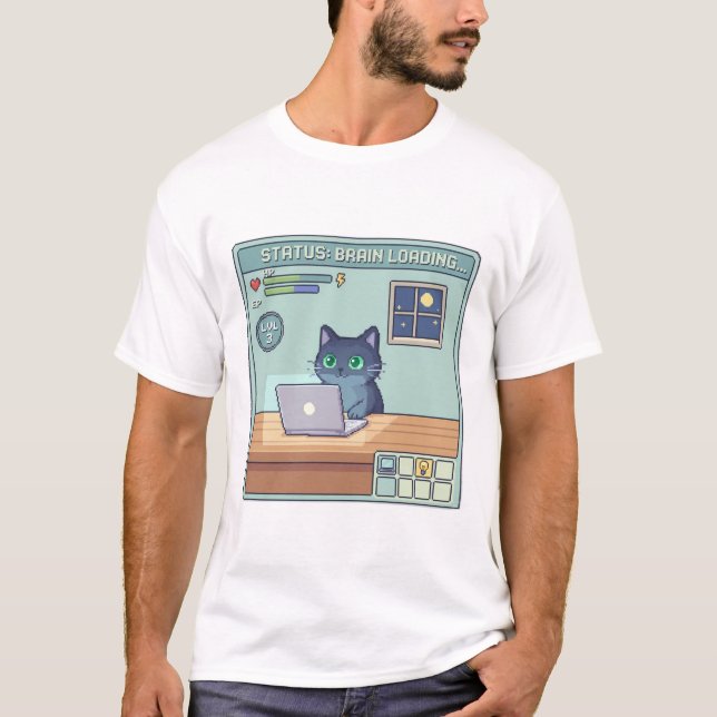 Pixel Cat Brain Loading – Funny Retro Gamer Cat T Shirt (Framsida)