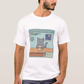 Pixel Cat Need Coffee – Retro RPG Game Status T Shirt