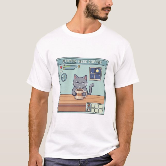 Pixel Cat Need Coffee – Retro RPG Game Status T Shirt (Framsida)