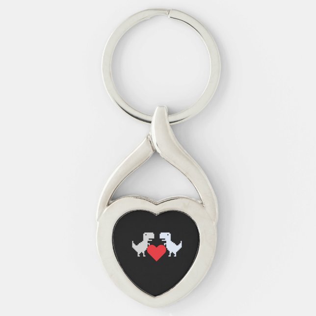 Pixel Dinosaur Love – Cute Keychain Gift for Coupl Twisted Heart Silverfärgad Nyckelring (Framsidan)