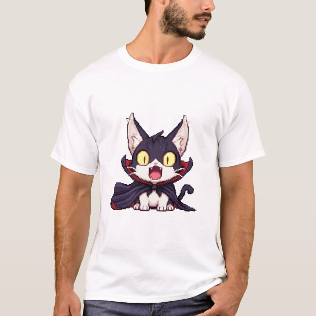 Pixel Dracula Katt – Chock Söt Vampyr 8-Bit Katt T Shirt (Framsida)