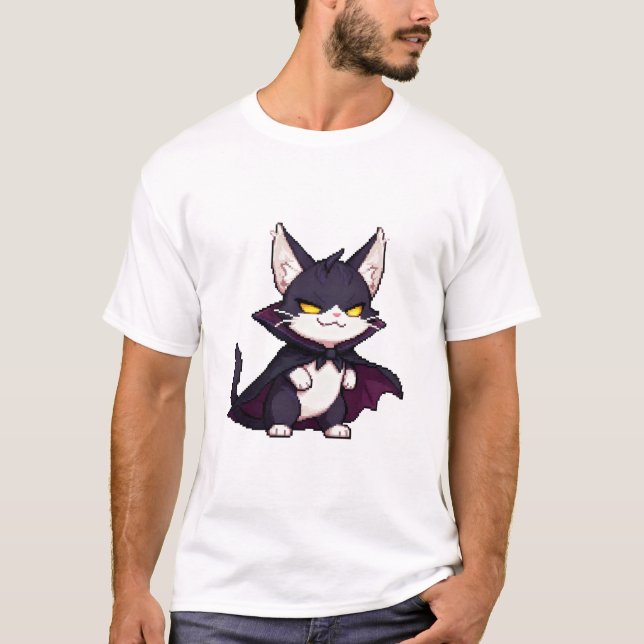 Pixel Dracula Katt – Kaxig Söt Vampyr 8-Bit Katt T Shirt (Framsida)