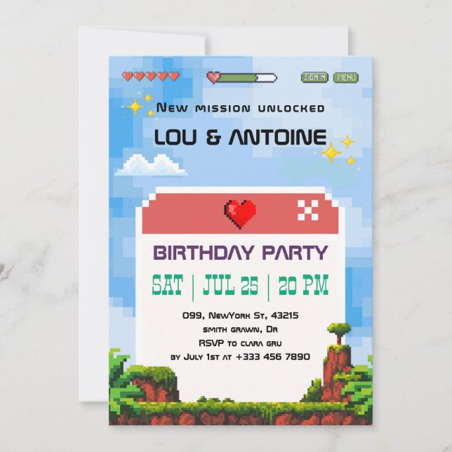 Pixel Gamer Birthday Invitation Inbjudningar (Framsida)