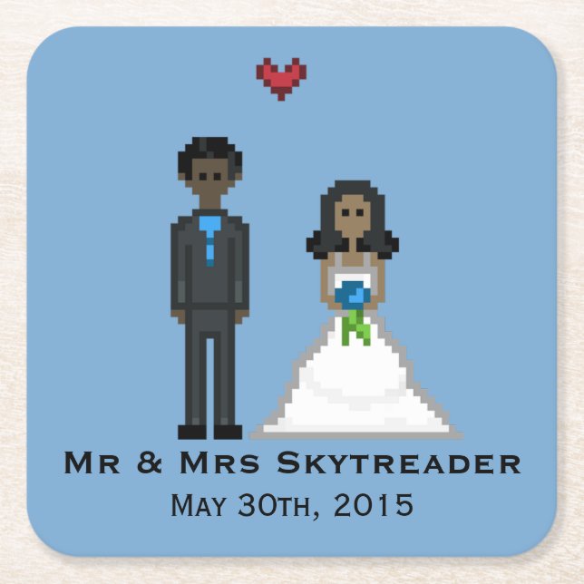Pixel Gamer Bride & Groom Bröllop Underlägg Papper Kvadrat (Framsidan)