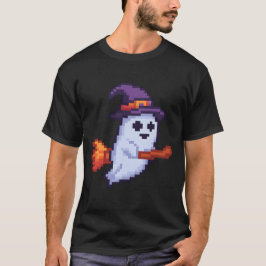 Pixel-Geist auf Besen – Halloween Retro Design T Shirt