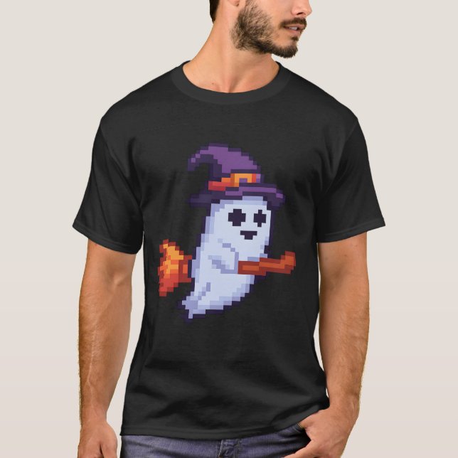 Pixel-Geist auf Besen – Halloween Retro Design T Shirt (Framsida)