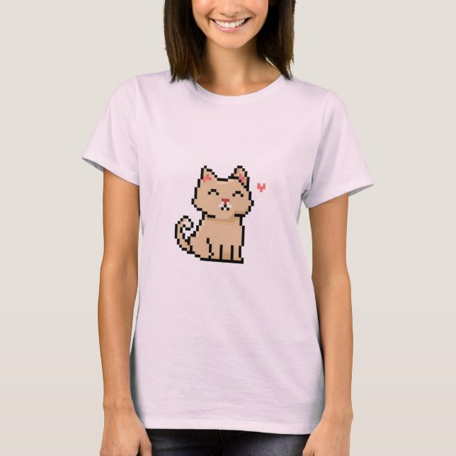 pixel-grått-cat-sitta-animal-pet-with-eart t shirt (Framsida)