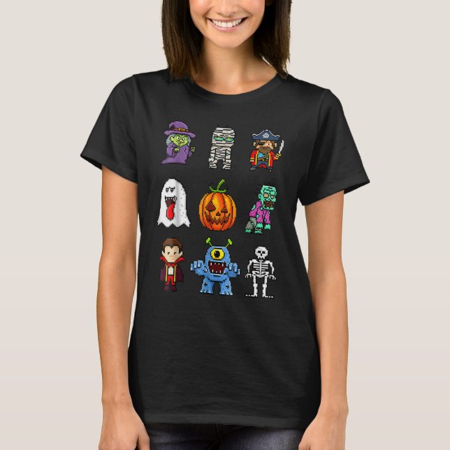 Pixel Halloween Witch Pumpkin Boo Pirate Skeleton  T Shirt (Framsida)