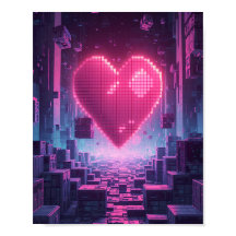 Pixel Heart Neon City — Futuristic Gaming Poster