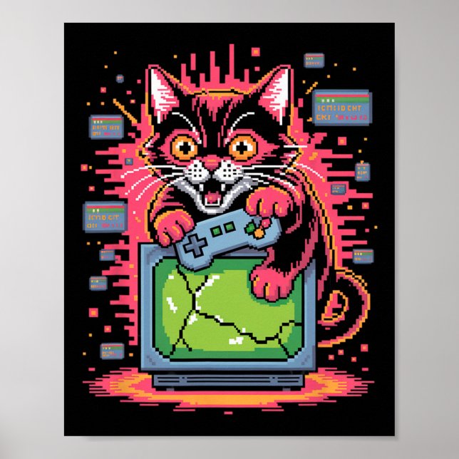 Pixel ilska katt Retro Gamer Glitch i 8-bitars sti Poster (Framsidan)