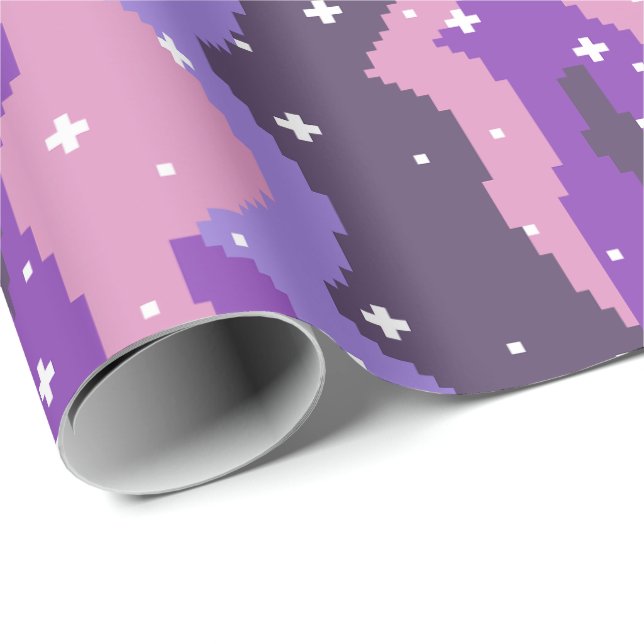 Pixel Kosmiska Vågor med Stjärnmönster Presentpapper (Rullad Hörn)