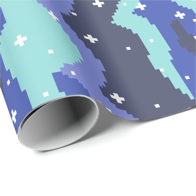 Pixel Kosmiska Vågor med Stjärnmönster Presentpapper (Rullad Hörn)