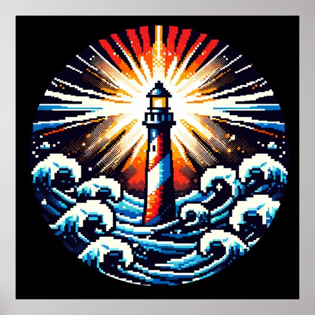 Pixel Lighthouse - Ocean Vågar & Coastal Beacon Poster (Framsidan)