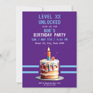 Pixel Lila & Blue Cake Gaming Birthday Inbjudningar