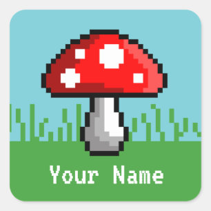 Pixel Mushroom Meadow Name Stickers Fyrkantigt Klistermärke