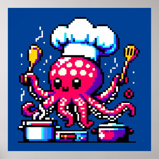 Pixel Octopus Chef Funny Cooking & Seafood Design Poster (Framsidan)