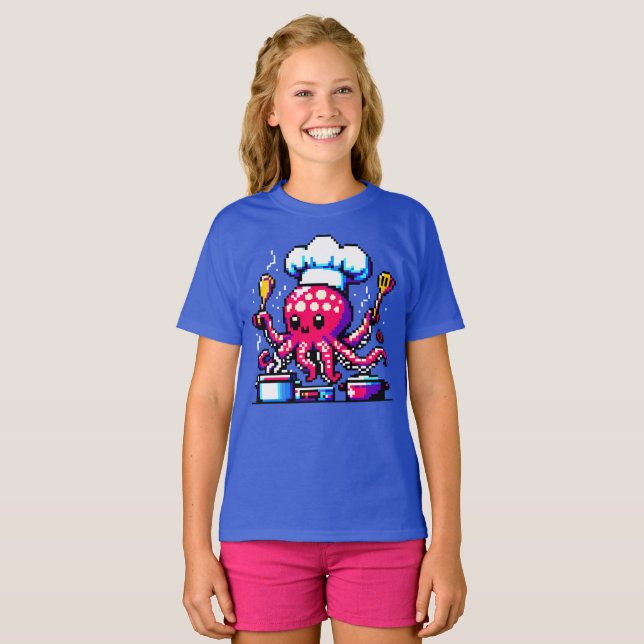 Pixel Octopus Chef Funny Cooking & Seafood Design T Shirt (Hel framsida)
