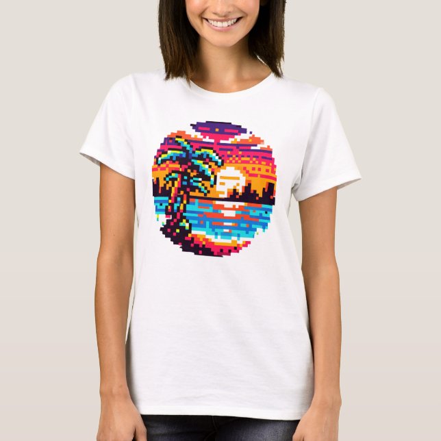 Pixel Paradise: 8-bitars Tropical Sunset Retro Nat T Shirt (Framsida)