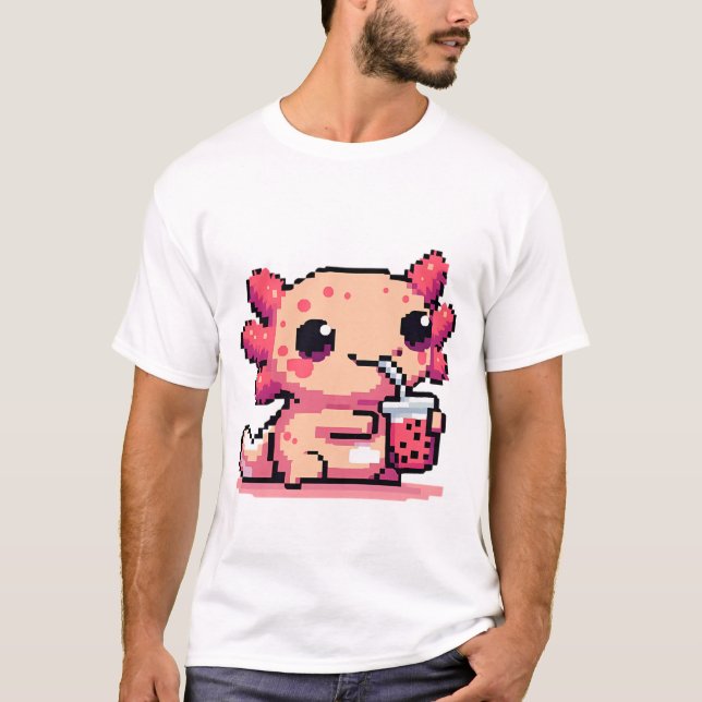 Pixel-Perfekt Axolotl Sipping Boba T Shirt (Framsida)