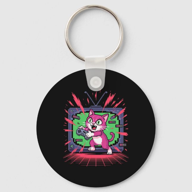 Pixel Rasande Katt Retro Spelare Glitch I 8-bitars Nyckelring (Framsida)