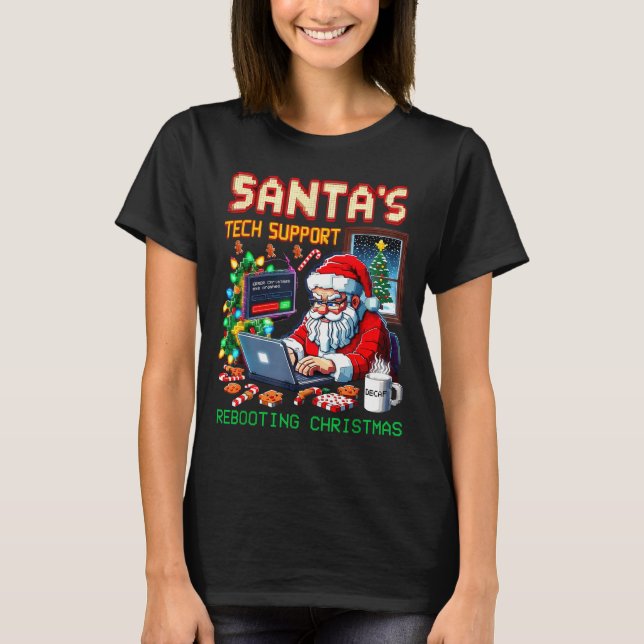 Pixel Rebooting Santa's Tech Support T Shirt (Framsida)