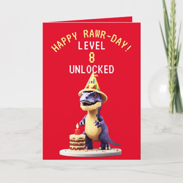 Pixel Red and Gult Gaming Trex Birthday Kort (Framsida)
