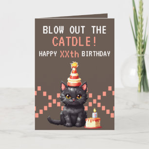 Pixel Rosa & Brown Cat Cake Gamer Birthday Kort