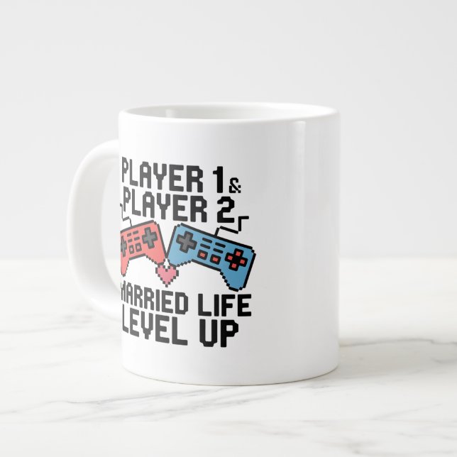 Pixel-spelande par - Uppnå nivån-design Jumbo Mugg (Framsida vänster)