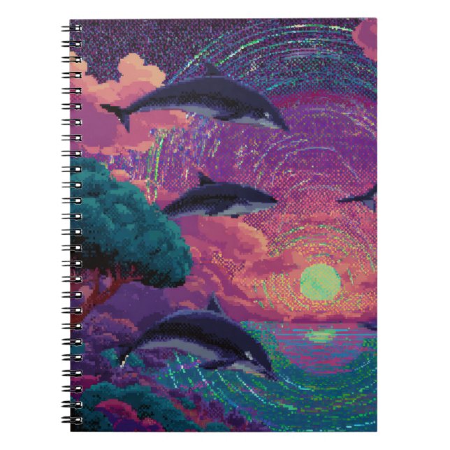 Pixel Sunset Dolphins Cosmic Vortex bärbar dator Anteckningsbok (Framsidan)