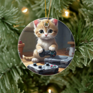 "Pixel Tassar: Gamer Kitten in action" Julgransprydnad Keramik