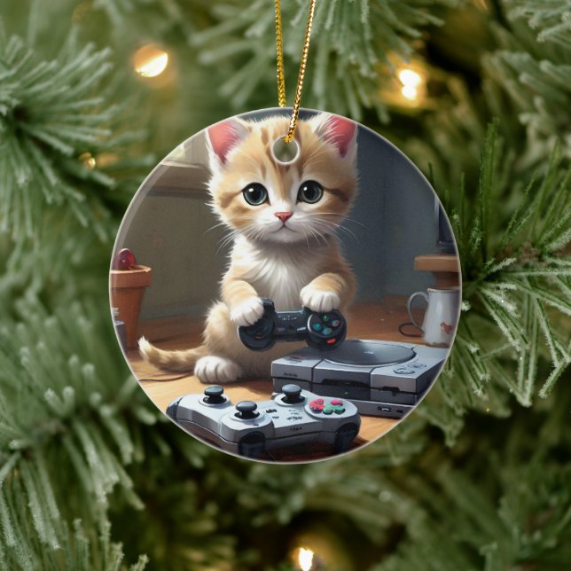 "Pixel Tassar: Gamer Kitten in action" Julgransprydnad Keramik (Träd)