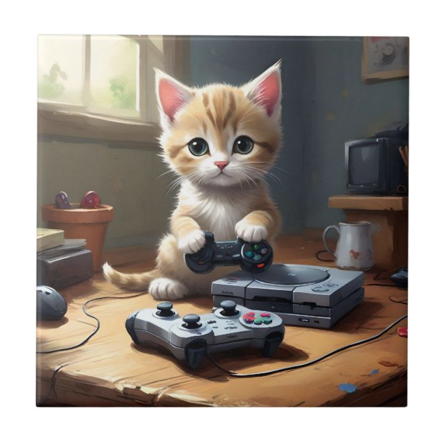 "Pixel Tassar: Gamer Kitten in action" Kakelplatta (Framsidan)